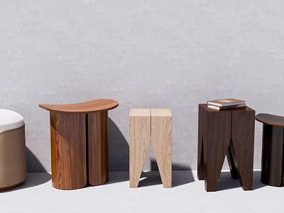 Various Wooden Stools With Curved Tops And Different Leg Designs Against Minimalist Gray Background 3d model