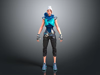 3D Character Model With Blue Top Black Pants White Headscarf Wrist Guards And Blue Shoes 3d model