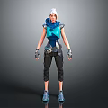 3D Character Model With Blue Top Black Pants White Headscarf Wrist Guards And Blue Shoes