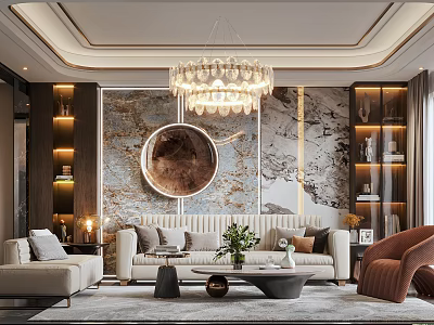 Modern Luxury Living Room Interior With Chandelier Round Mirror Sofa And Decorative Shelves 3d model