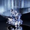 Illuminated Modern Art Installation With Circular Hanging Blue Transparent Elements And White Floral Sculpture