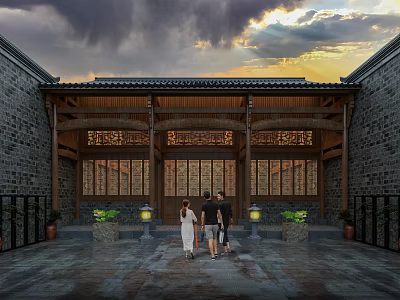 Traditional Ancient Architecture Courtyard With Wooden Roof Carved Windows People And Stone Floor 3d model