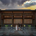 Traditional Ancient Architecture Courtyard With Wooden Roof Carved Windows People And Stone Floor