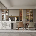 Modern Restaurant Interior With Open Kitchen Marble Island And Comfortable Dining Chairs