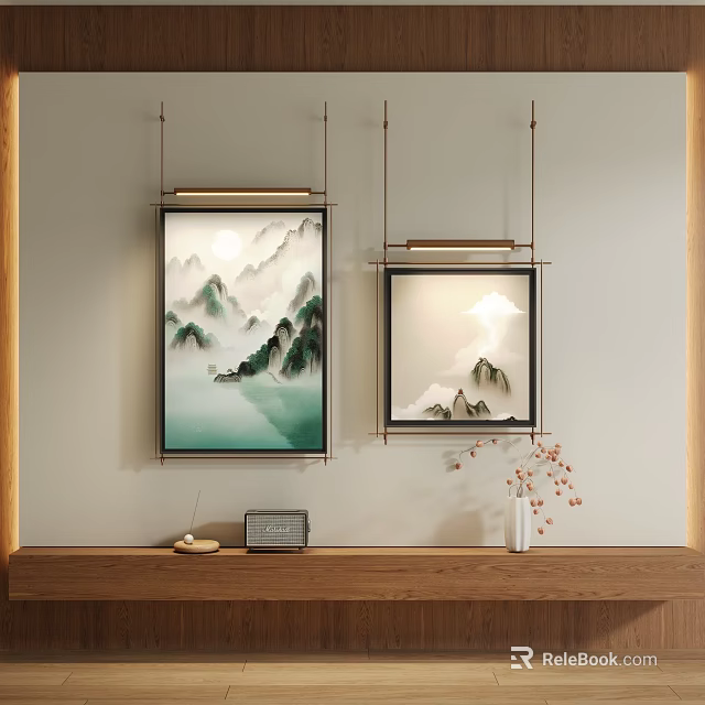 Abstract Landscape Paintings As Interior Wall Decor With Wooden Shelf And Hanging Lights 3d model 