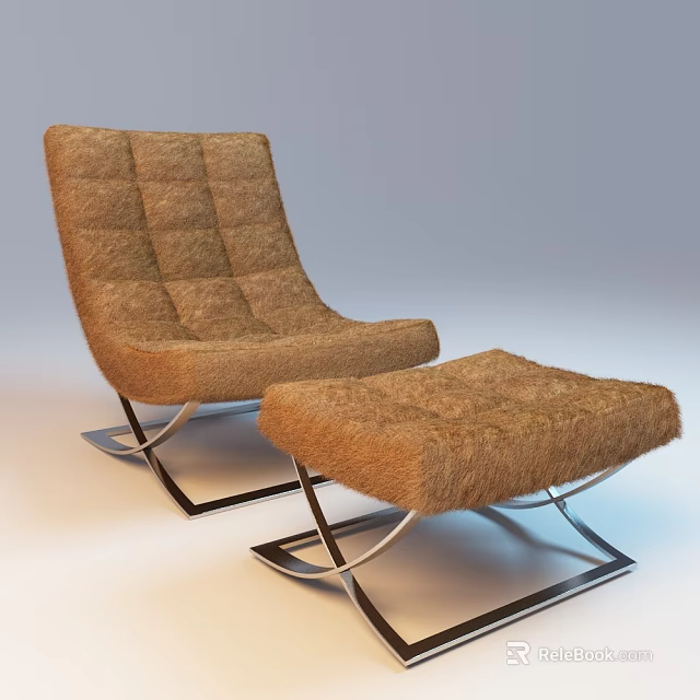 Comfortable Brown Furry Lounge Chair With Ottoman And Modern Metal Frame 3d model 