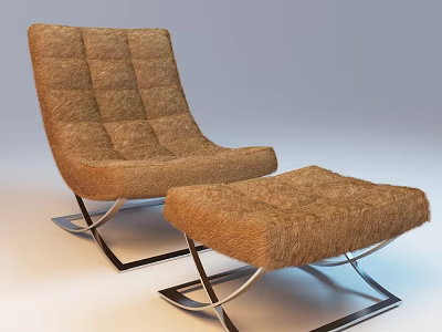 Comfortable Brown Furry Lounge Chair With Ottoman And Modern Metal Frame 3d model