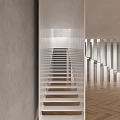 White Staircase With Railing Gray Wall And Herringbone Wood Floor Interior