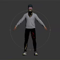 3D Character Model Featuring Blue Gray Hair Patterned Scarf Gray Sweater Black Pants White Sneakers