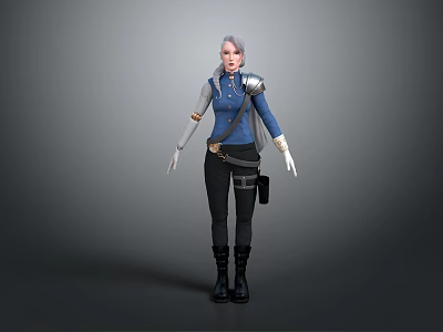Silver Haired Female Warrior Character With Blue Top White Gloves And Black Armor Outfit 3d model