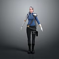 Silver Haired Female Warrior Character With Blue Top White Gloves And Black Armor Outfit