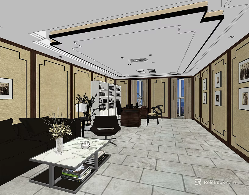 Modern Office Interior With Sofa Coffee Table Desk And Wall Art Decor 3d model 