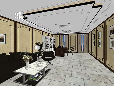 Modern Office Interior With Sofa Coffee Table Desk And Wall Art Decor 3d model