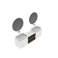 Modern Double Washbasin Bathroom Vanity With White Cabinets Round Mirrors And Wooden Open Shelf