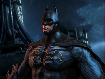 Batman Game Character In Black Suit With Yellow Bat Symbol And Night Cityscape 3d model