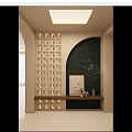 Entryway Hallway With Stylish Lit Grid Patterned Wall Arched Dark Wall And Wooden Shelf Decor