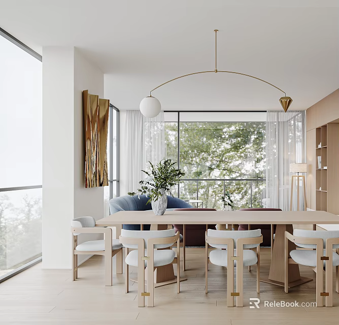 Modern Dining and Living Room Interior With Wooden Table Chairs Pendant Light And Large Windows 3d model 