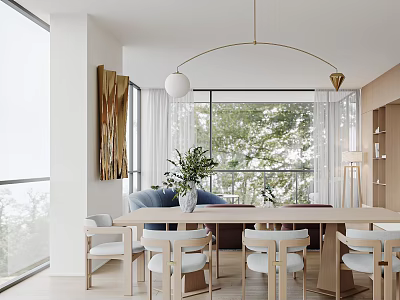 Modern Dining and Living Room Interior With Wooden Table Chairs Pendant Light And Large Windows 3d model