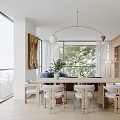 Modern Dining and Living Room Interior With Wooden Table Chairs Pendant Light And Large Windows