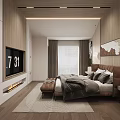 Modern Bedroom Interior Design With Wooden Panel Wall Artwork Bedside Sconces And Area Rug