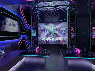 Modern KTV Room with Neon Lights Large Screen Drinks Tables and Sofas 3d model