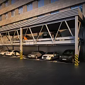 Multi Level Parking Garage Featuring Steel Supports Yellow Black Striped Pillars Parked Cars Surrounding Trees