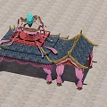 Traditional Ancient Chinese Architecture With Tiled Roof Blue Ornament And Pink Draperies
