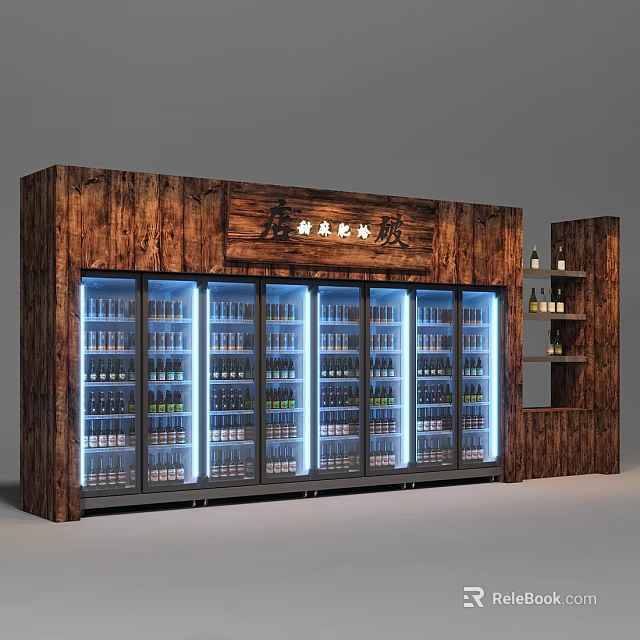 Wooden Exterior Display Refrigerators with Glass Doors and Bottled Beverages Storage and Side Shelf 3d model 