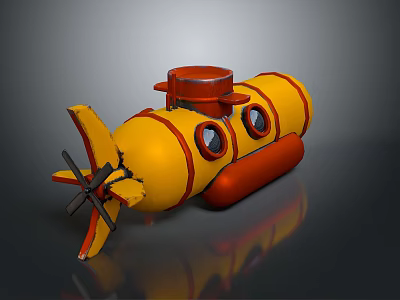 Yellow And Red Cartoon Submarine Model With Round Windows And Propeller 3d model