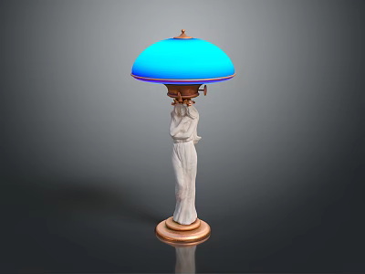Vintage Table Lamp Combination Featuring White Statue Base And Blue Lampshade With Copper Accents 3d model