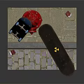 Colorful and Dark Skateboards Near Red Fire Hydrant on Brick Paved Stone Platform