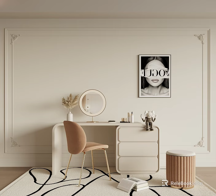 Stylish Dressing Table With Round Mirror Chair And Cosmetics On Decorative Wall Background 3d model 