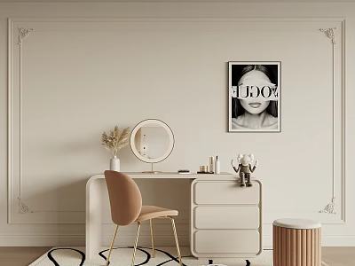Stylish Dressing Table With Round Mirror Chair And Cosmetics On Decorative Wall Background 3d model