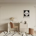 Stylish Dressing Table With Round Mirror Chair And Cosmetics On Decorative Wall Background