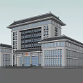 Chinese Style Multi Story Building Exterior With Traditional Roof Front Entrance And Stone Steps