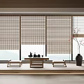 Bamboo Blinds Interior With Mountain View Tea Table And Stools Vase 3d model