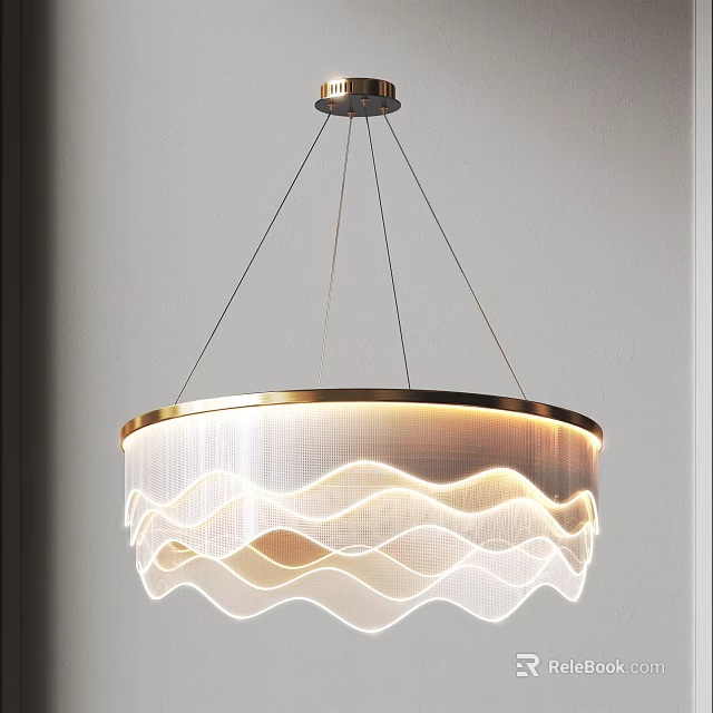 Modern Chandelier With Wave Pattern Design Gold Frame And White Illuminated Shade For Interior 3d model 