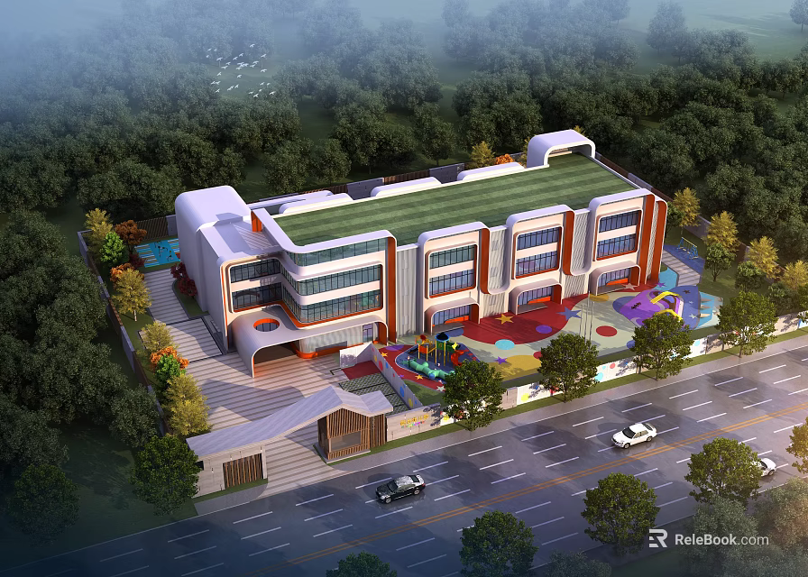 Modern School Building Exterior Surrounded By Trees With Green Roof And Colorful Play Area 3d model 