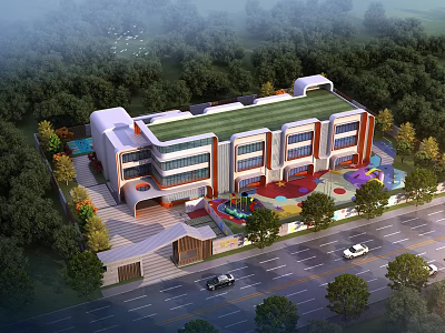 Modern School Building Exterior Surrounded By Trees With Green Roof And Colorful Play Area 3d model