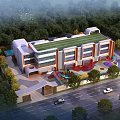 Modern School Building Exterior Surrounded By Trees With Green Roof And Colorful Play Area