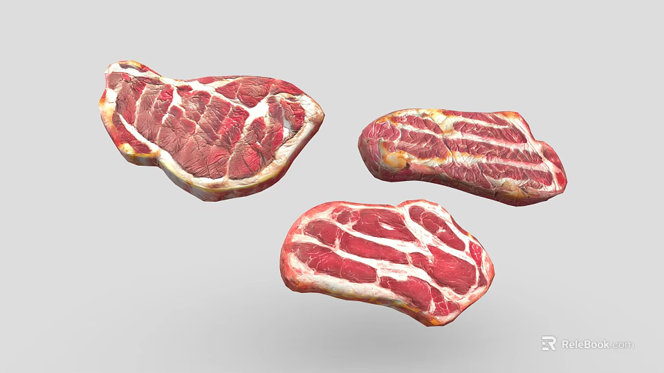 Three Pieces of Fresh Raw Beef Steaks With Red And White Marbling Texture 3d model 
