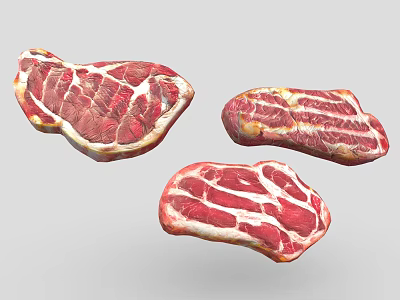 Three Pieces of Fresh Raw Beef Steaks With Red And White Marbling Texture 3d model