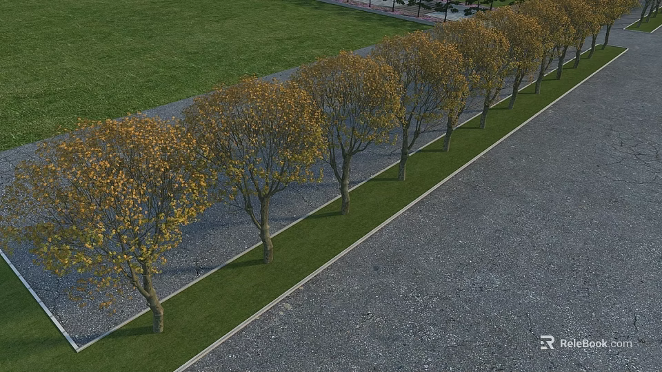 Deciduous Trees In Row With Yellow Leaves Along Grass And Paved Road 3d model 