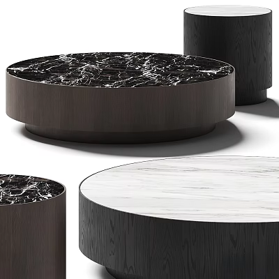 Modern Round Tables With Black And White Marble Tops And Wooden Bases 3d model
