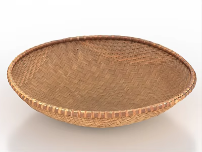 Handmade Bamboo Woven Round Basket for Household Storage with Intricate Weave Pattern 3d model