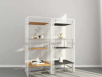 Modern Transparent Frame Storage Shelves With Wooden Black Shelves And Decorative Items In Bright Room 3d model