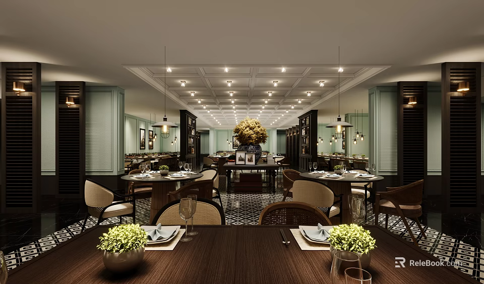 Elegant Restaurant Interior Design With Round Tables Chairs Hanging Lights And Centerpiece Flowers 3d model 
