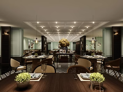 Elegant Restaurant Interior Design With Round Tables Chairs Hanging Lights And Centerpiece Flowers 3d model