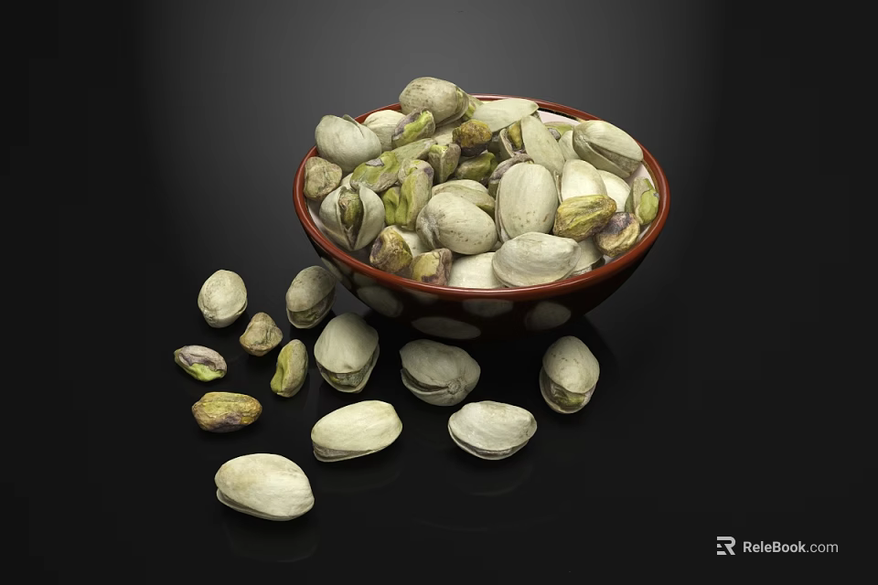 Red Bowl of Fresh Pistachios with Scattered Nuts on Black Background 3d model 