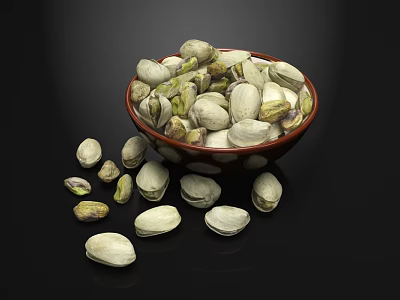 Red Bowl of Fresh Pistachios with Scattered Nuts on Black Background 3d model